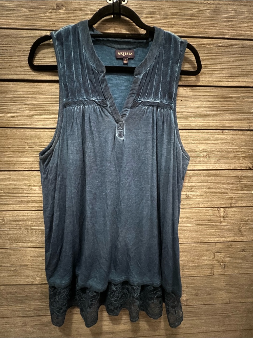 ARTESIA Deep Sea Blue Boho Sleeveless Top with Lace Hem